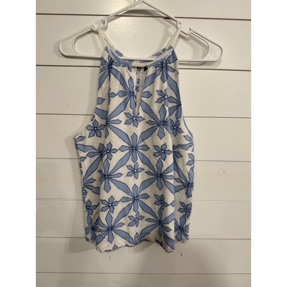 Versona Womens Sleeveless Blue Embroidered Floral Halter Blouse Ivory XS